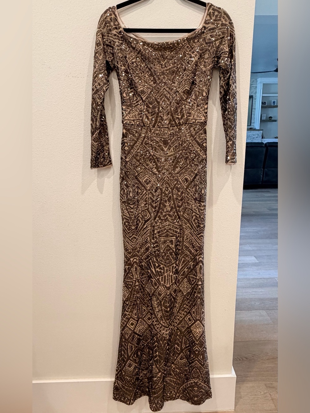 Aqua Sequin-Embellished Long Sleeve Evening Dress in Nude and Brown